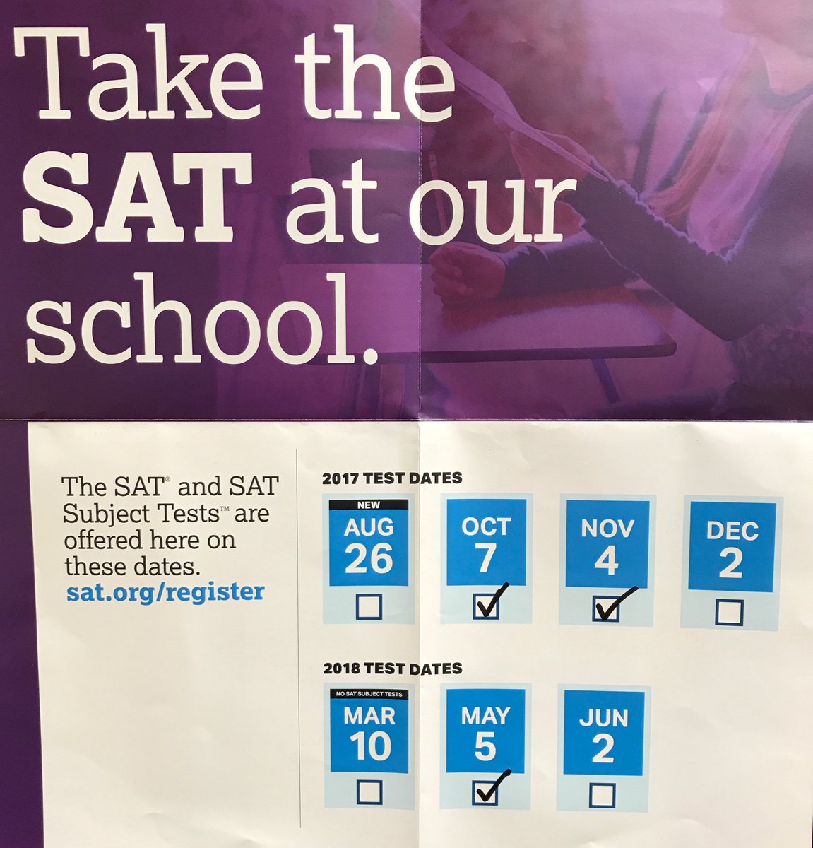 TaftCounselors's tweet image. SAT test dates at @NISDTaft - Oct 7, Nov 4, and May 5. #SAT #testdates @Taft_Career_Ctr @NISDComArts