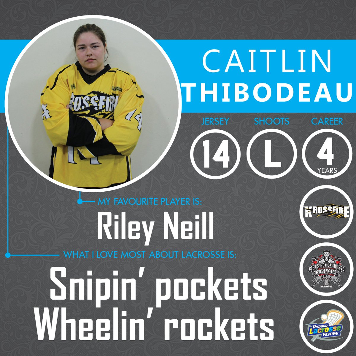 OntarioLacrosse's tweet photo. INTRODUCING: Intermediate Girls @ktown_lax's Caitlyn Thibodeau! #WheelsSnipesCeles #WatchHerInTheShip #RileysPrettyGoodToo https://t.co/8YYHHMKfYb