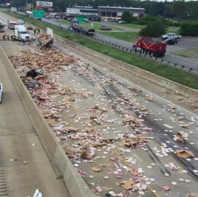 frozen pizzas covering a highway in Arkansas