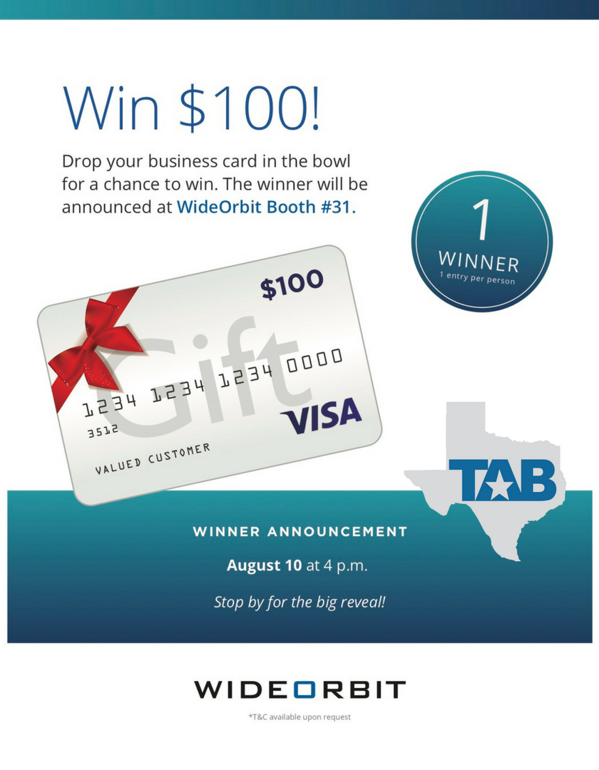 WideOrbit's tweet photo. Last chance to enter our #TAB2017 prize drawing. Stop by booth 31! https://t.co/gaiNkb0KZm