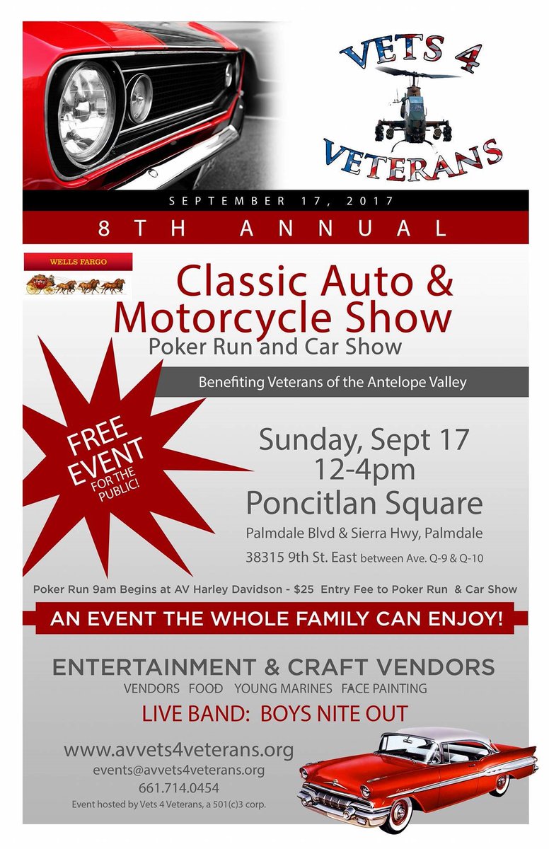 AVVets4Veterans's tweet photo. Come join us at Poncitlan Square to help local Veterans @ScottWilkCA @TomLackey36 @SteveKnight25 #Veterans #carshow #mororcycle #pokerrun https://t.co/NHxDQHPBvx