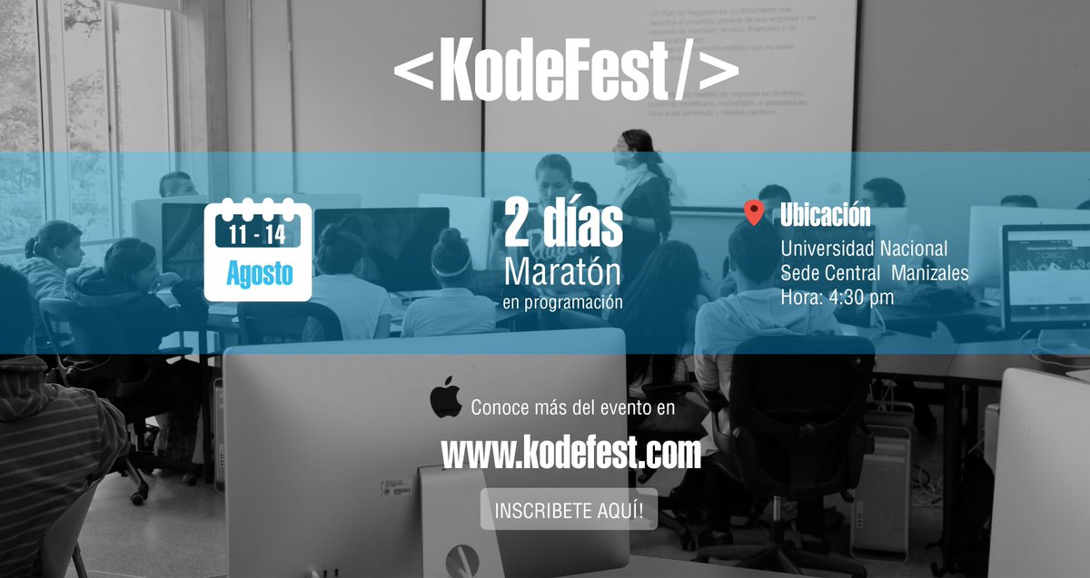 #KodeFest2017 <a href="/UNColombia/">UNColombia</a> , Viernes 11, Aula C410, 4:30 pm. meetup.com/es-ES/Manizale… meetup.com/es-ES/Manizale… <a href="/manizalesDev/">Manizales Dev</a> <a href="/kode_fest/">KodeFest</a>