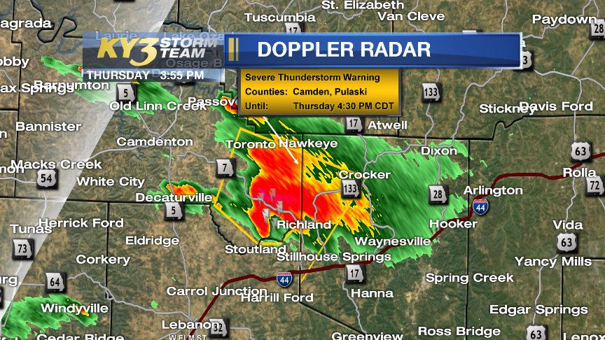 RonHearstKY3's tweet photo. SEVERE T-STORM WARNING: Camden, Laclede and Pulaski couties until 4:30 pm https://t.co/hufF6oFtDm