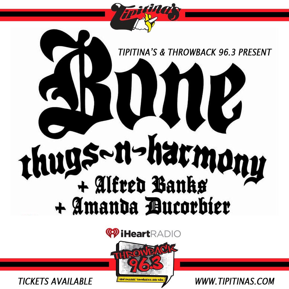 UnderDogCentral's tweet photo. August 17th. Bone Thugs &amp; Harmony! 8pm @Tipitinas !!!!! Don't Miss It! #Underdogcentral https://t.co/S8W9lAtDJc