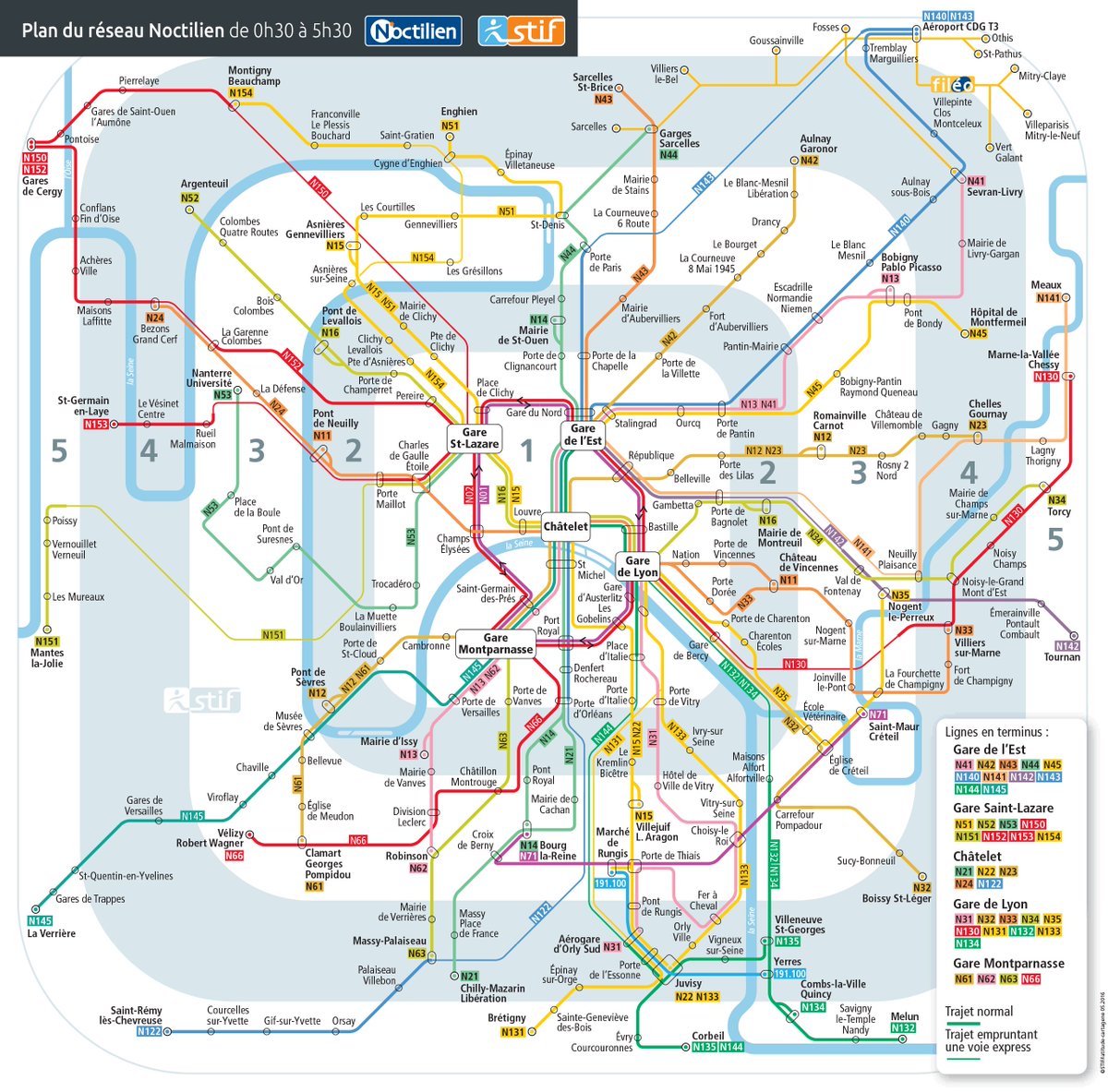 パリの深夜バス路線図 Plan des Noctilien 。 縦・横・斜め45度線で