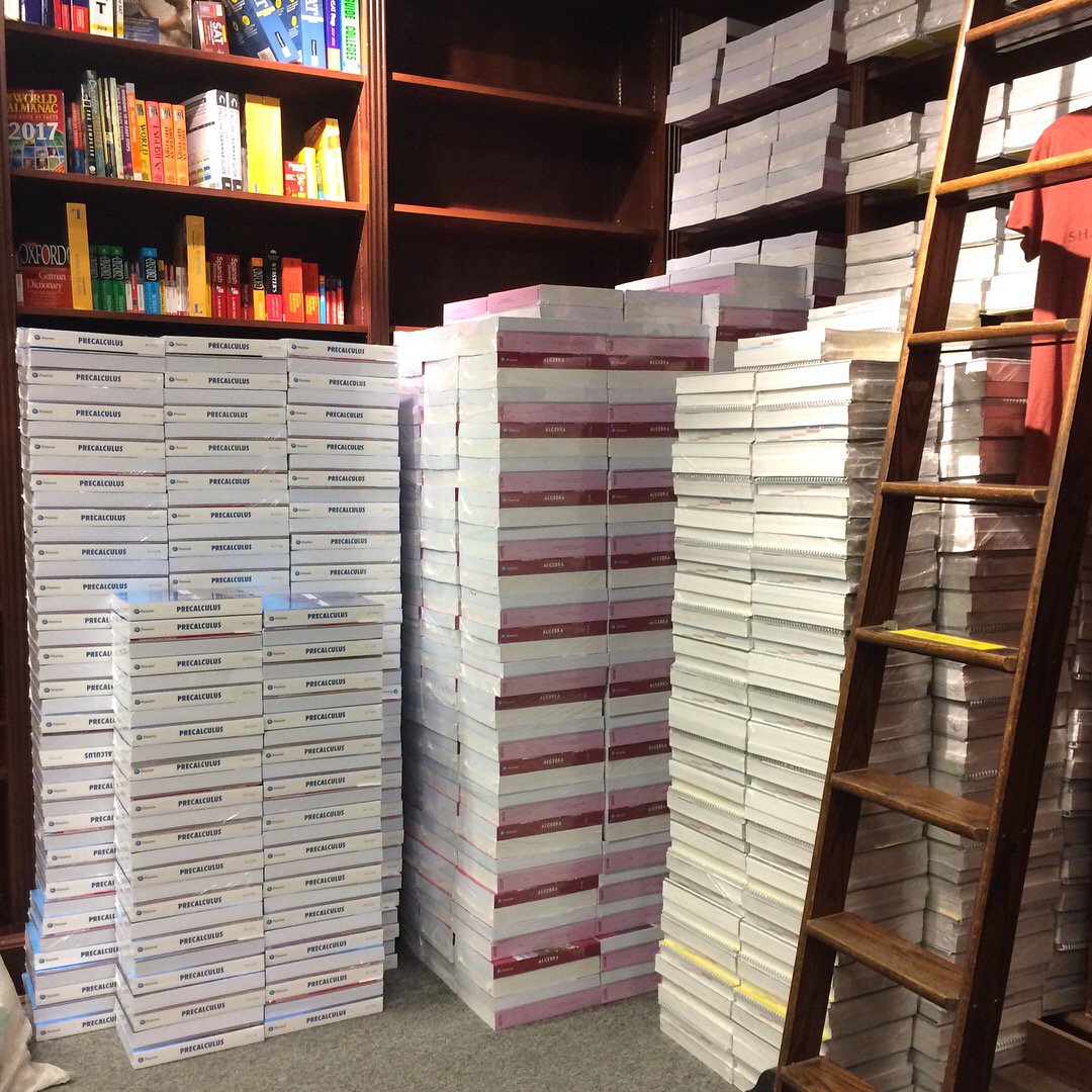 ShakeandCoBooks's tweet photo. Our Book Cellar before #studentrush: shelving #textbooks, printing #coursepacks. #Students get 15% off on café items with textbook purchase. https://t.co/hFMElG6nY5