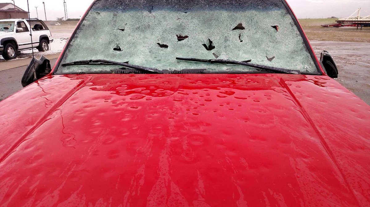 KWCH12's tweet photo. WHOA! Emily Yanda sent these photos! Hail smashed the windows of several vehicles in Wakeeney https://t.co/xHFni65Cdq #storm12 #kwch12 #kswx https://t.co/CfnQ8yYSd1