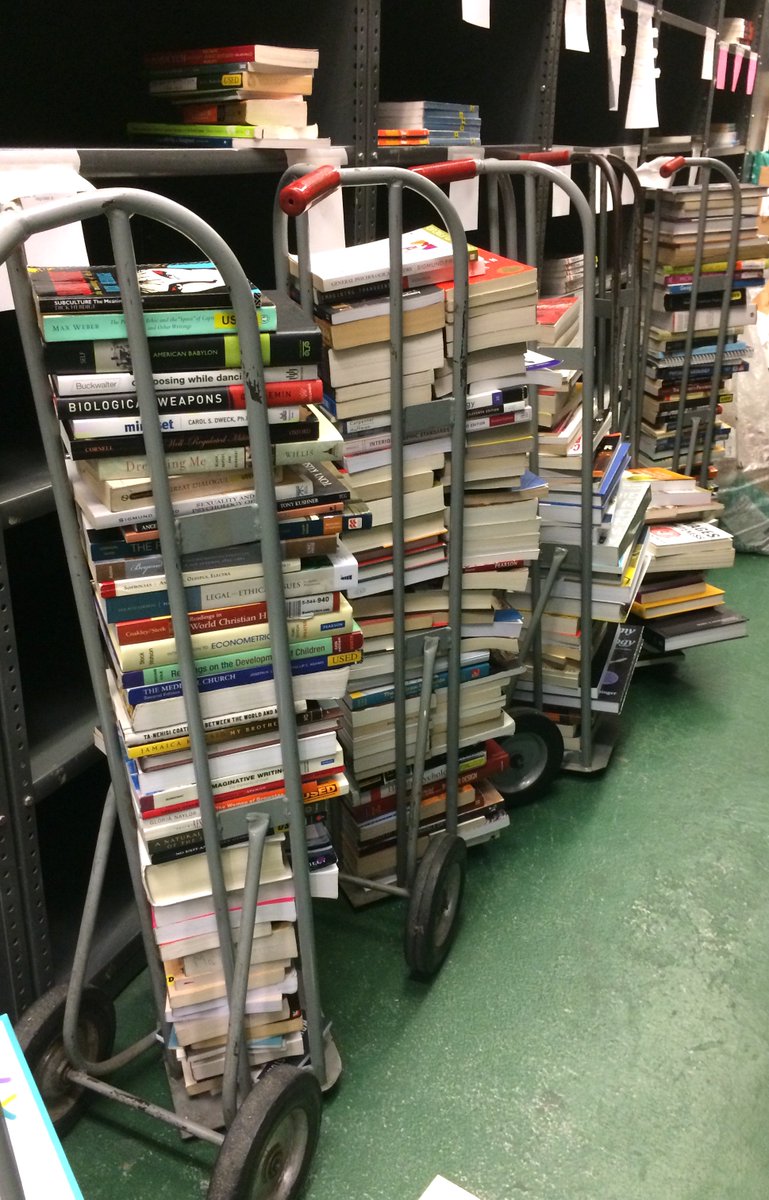ShakeandCoBooks's tweet photo. Our Book Cellar before #studentrush: shelving #textbooks, printing #coursepacks. #Students get 15% off on café items with textbook purchase. https://t.co/hFMElG6nY5
