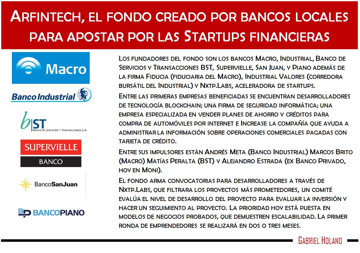 GabrielHoland1's tweet photo. #Arfintech primer apuesta de #Bancos locales para promover las #Startups #Fintech #Finanzas #Argentina https://t.co/v29H28EGRS