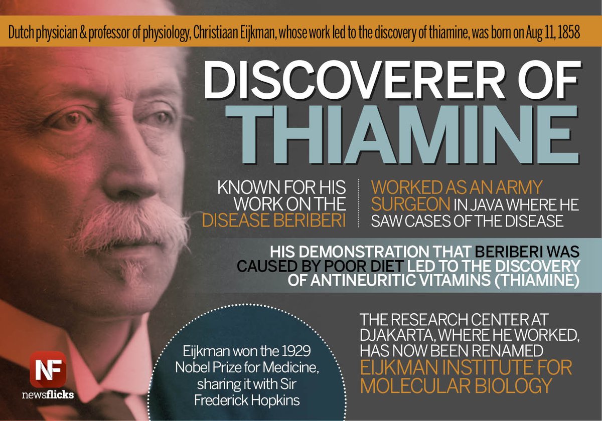 newsflicks's tweet image. Dutch physician #ChristiaanEijkman whose work on #beriberi led to discovery of antineuritic vitamins (thiamine), was born on Aug 11, 1858