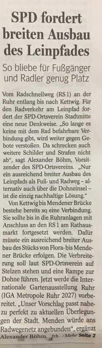 Unser Ortsverein Stadtmitte plädiert für den Ausbau des Leinpfads zum Fuß-Radweg. Gut! 👍🏻🚲 #mülheim #spd #radfahren via #WAZ &amp; @NRZmuelheim