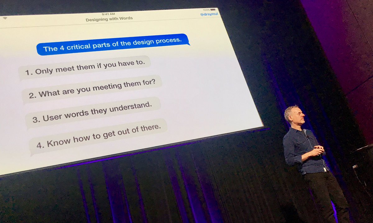 "The design process for conversational interfaces is like meeting the parents." <a href="/drsymul/">Grant Klein</a> #uxaustralia #designingwithwords