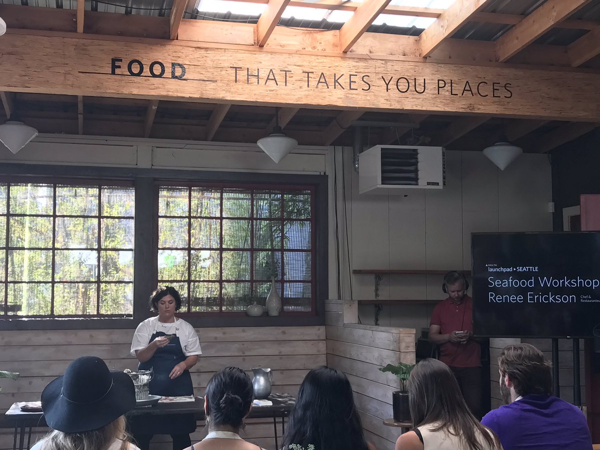 _Shadi_G's tweet photo. Who better than Renee Erickson to teach you how to shuck an oyster?! @thewalrusbar #DeltaLaunchpad #seattleliving https://t.co/sVXLGjHcRa