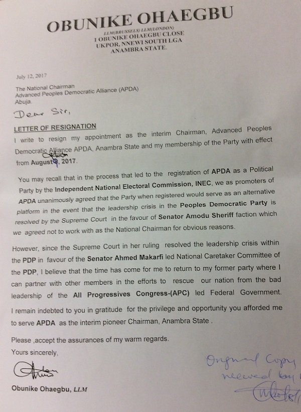 Anambra interim Chairman of Advanced Peoples Democratic Alliance [APDA], Barrister Obunike Ohaegbu has resigned his duty with immediate effect.