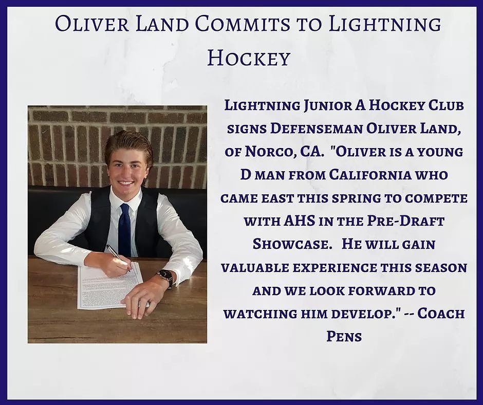 <a href="/USPHL_Lightning/">LightningHockeyClub</a> signs defenseman Oliver Land of Norco, CA! <a href="/USPHL/">USPHL</a> #JuniorHockey