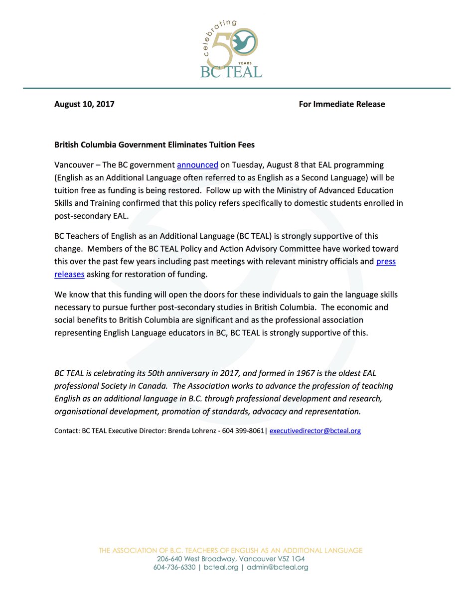 Statement from the <a href="/bcteal/">BC TEAL</a> board re the recent announcement from <a href="/BCGovNews/">BC Government News</a> on tuition for EAL programs  bcteal.org/wp-content/upl… #BCpoli