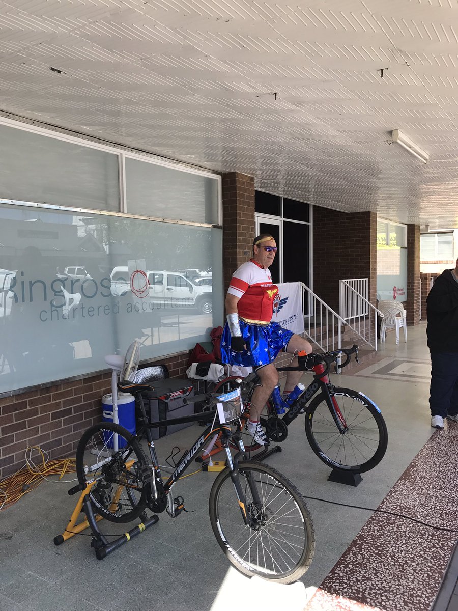 John Metelli raising money for #rfds. Great cause great effort. Come &amp; donate outside RBCA Longreach today. Ride till sunset #WonderWoman