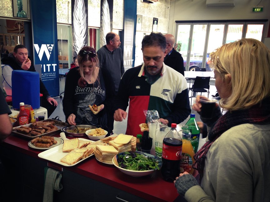 WITTart's tweet photo. Mmm delicious BBQ Well, we tried but it rained! Great to see new tutors and students enjoying some tasty kai together #yummy @WITTaranaki 😎 https://t.co/b7r3FnMxzC
