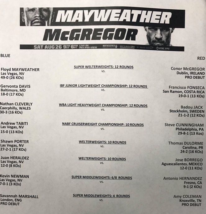 GSG_Sports's tweet photo. The full Floyd Mayweather Conor McGregor Fight card! #MayMac #Moneyfight https://t.co/r27trkwIFc