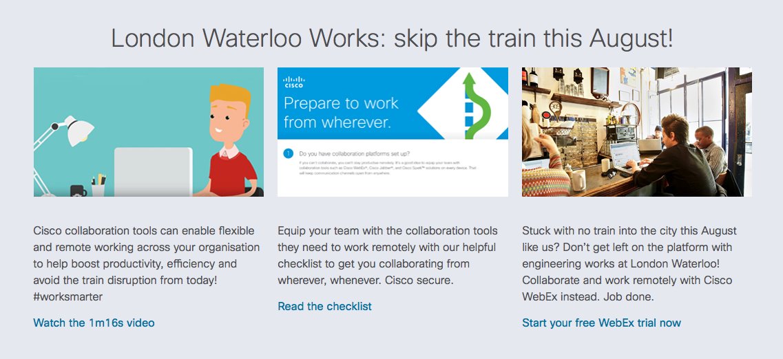 jiribrejcha's tweet photo. Stuck with no train at London Waterloo like us? Work remotely, use free @WebEx for 30 days #webexnotwaterloo #waterlooworks #waterlooupgrade https://t.co/59guLrunrK