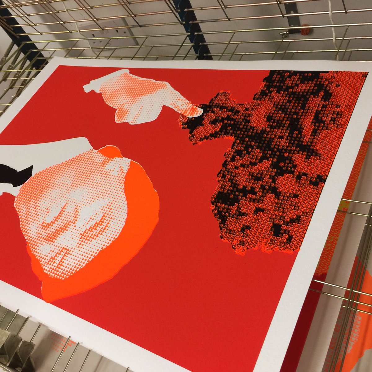 TreeevArt's tweet photo. Mr Trump screen printed emoji poo in fluorescent orange. Screen printed in #Peckham @TreeevArt #Fuckoffee #popart #emojiart #trump #sonsoles https://t.co/3B9jyqmf3a