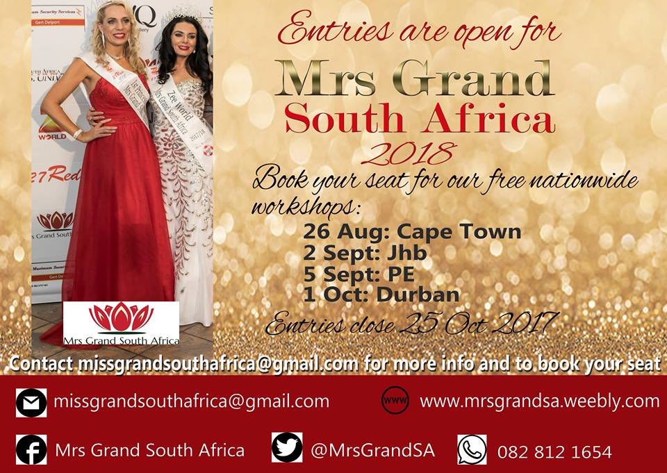 MrsGrandSA's tweet photo. Join us for a free workshop on the 2018 pageant. Email missgrandsouthafrica@gmail.com for more info. https://t.co/wT8BoYjcgM