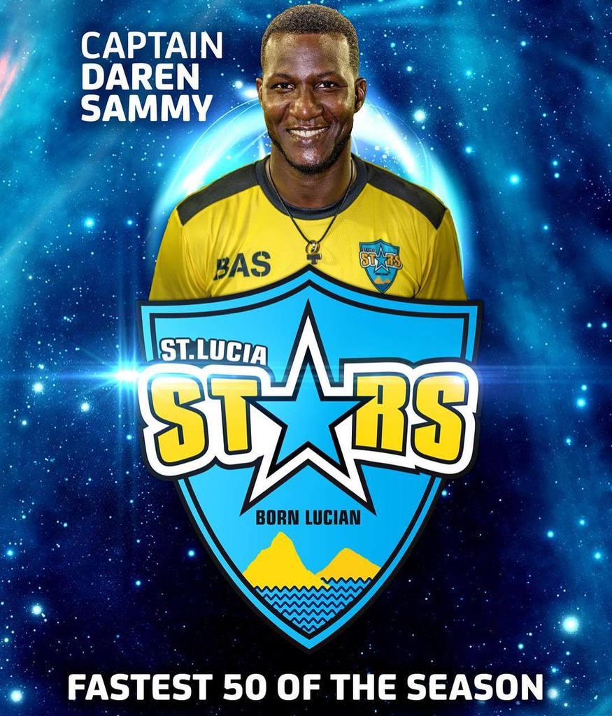 StLuciaStars's tweet photo. FIFTY TO DARREN SAMMY! 23 balls, 4x4, 5x6. Daren's knock is the fastest 50 in #CPL17 #SLSvsBT #STARSNEVERFADE!!!! https://t.co/58rtNfqAhf https://t.co/BDRtPJUQwu