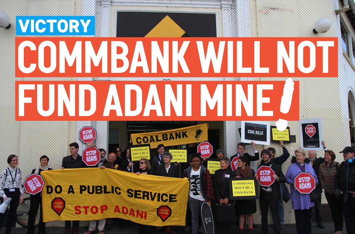 350Australia's tweet image. HUGE WIN! The wording is cagey, the outcome is a win: @CommBank will not fund the Adani #coal mine in Qld! Tks to all who helped! #StopAdani