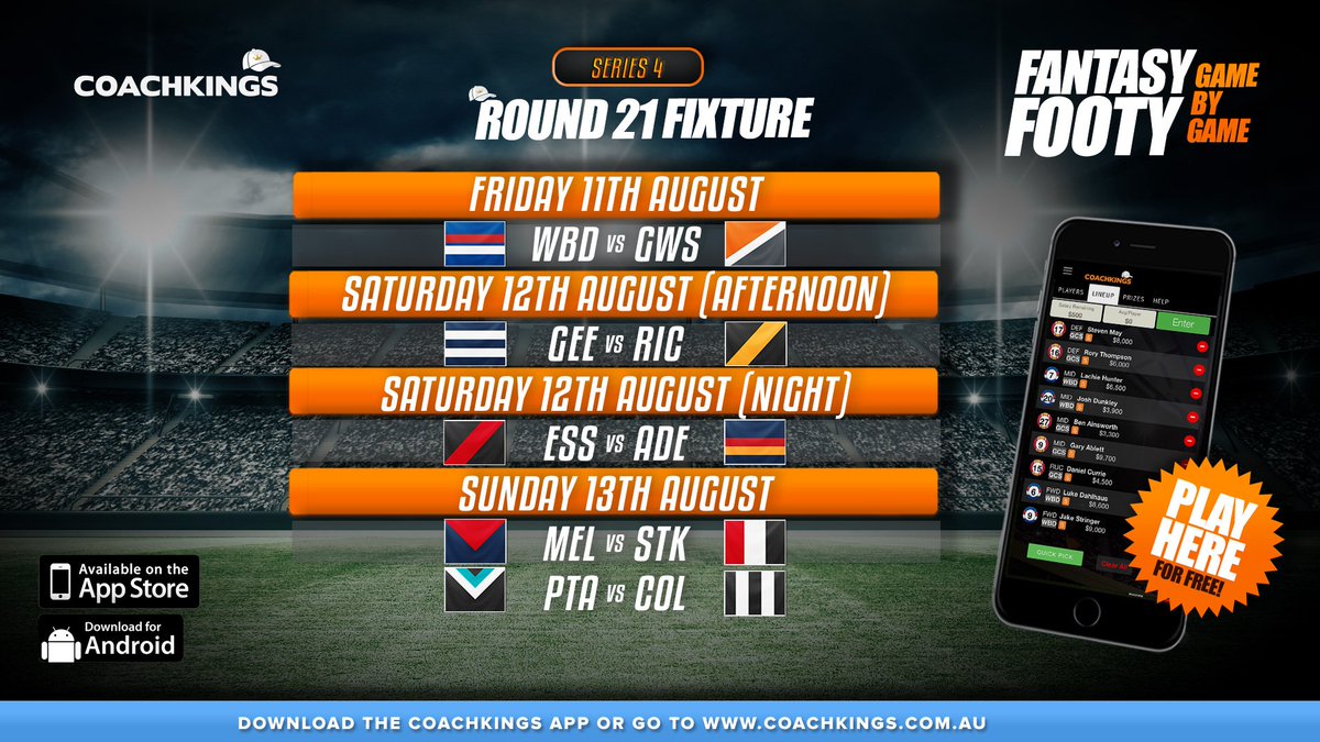 jock_reynolds's tweet photo. Big one in #CoachKings tonight - @westernbulldogs v @GWSGIANTS get down and get qualified for the $10K ๐ฐ๐ฐ
Venues ๐ https://t.co/Za5sDl5wYY https://t.co/pVr7GihzgM