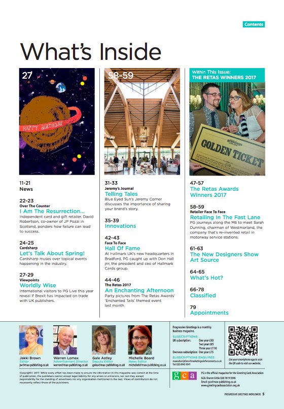 Prog_Greetings's tweet photo. The latest issue of @Prog_Greetings is out now: #Brexit viewpoints, face to face with @HallmarkUK, #Retas17 & more: https://t.co/Cp5d3hGaaN https://t.co/pXi2sBnqlG