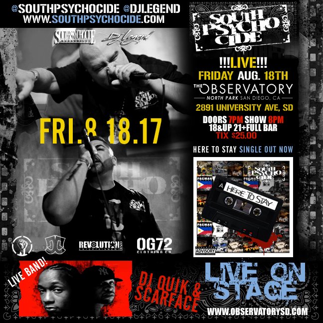 OGCOOKOO's tweet photo. #SANDIEGO 1 WEEK COUNTDOWN!!! FRIDAY AUGUST 18TH @SOUTHPSYCHOCIDE LIVE @ THE DJ QUIK & SCARFACE CONCERT OBSERVATORY #NORTHPARK!!! #WESTCIDE https://t.co/zAKaV8Pcyn