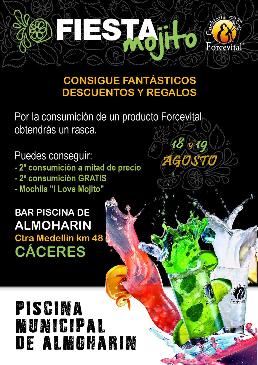 ¡#FIESTA #MOJITOS en PISCINA DE ALMOHARIN!
mojitos gratis, regalos... 18y19 Agosto - Ctra Medellín km48 - ALMOHARIN (Cáceres) ¡TE ESPERAMOS!