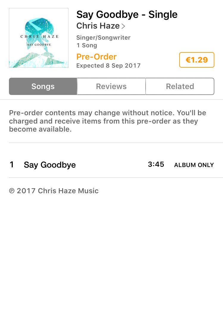 SNiLiathain's tweet photo. I am just about to Pre-Order #SayGoodbye by @chrishazemusic 😍😭❤️😍.. it's only €1.29 guys go pre order it❤️❤️❤️ #newmusic #chrishaze https://t.co/TROy21oz7i