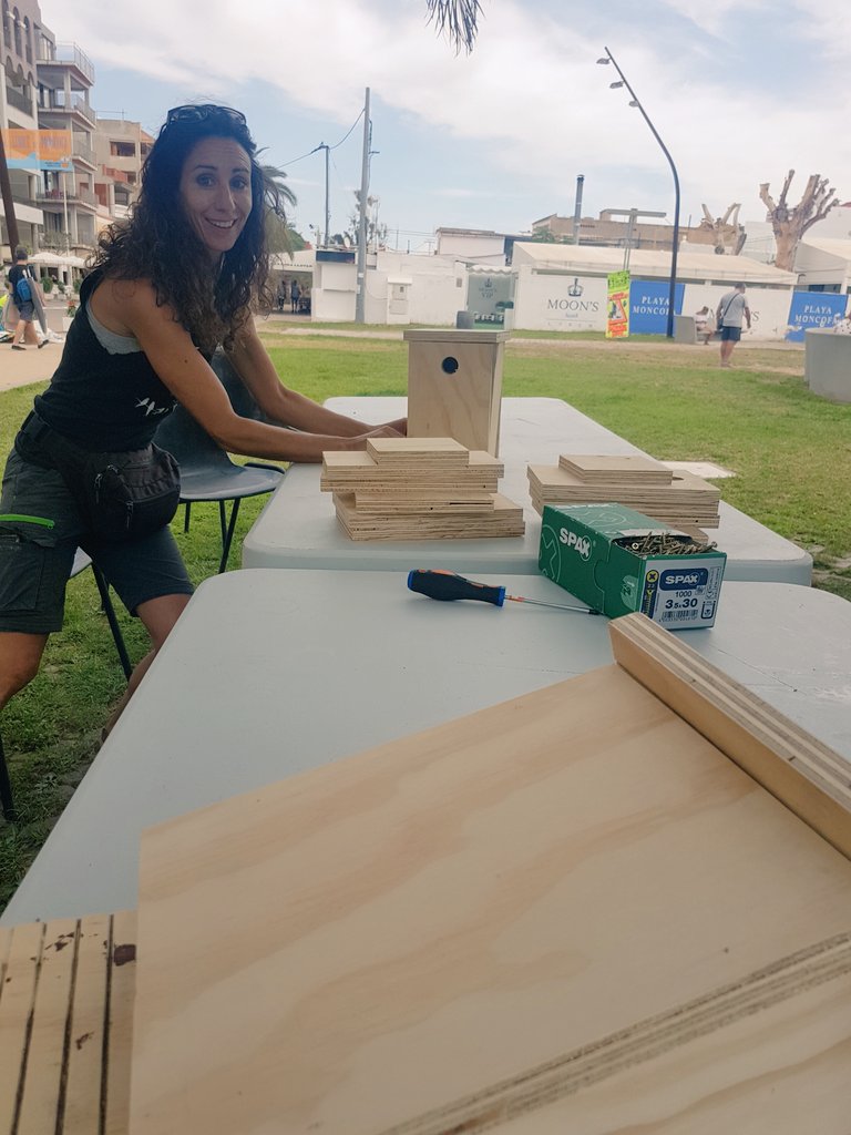 Preparando el taller infantil de naturaleza con l construccion fe cajas nido.. hasta las 13.30h en la plz Ruiz Picasso #natura #moncofa