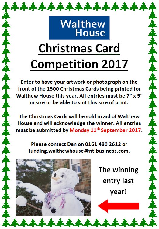 WalthewHouse's tweet photo. Our #Christmas2017 Card Competition is now open! Your artwork/photograph could be on the front of our 1500 Xmas cards. Please RT #Stockport https://t.co/CnJgbUaMu8