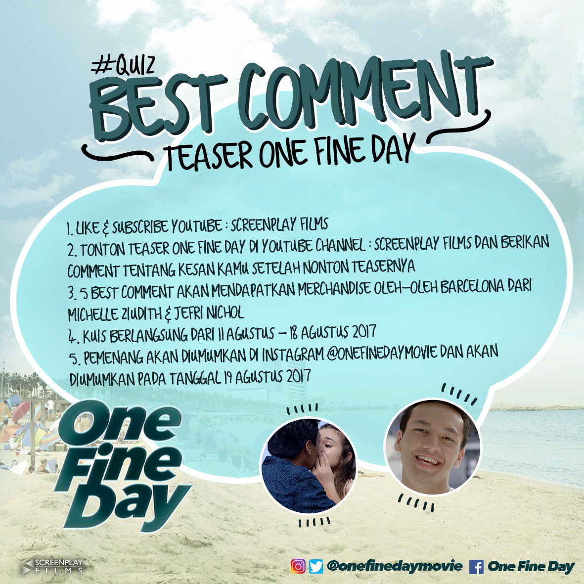 MagicHourID's tweet image. Yuk, ikutan kuis Best Comment @onefinedaymovie Baca mekanismenya dan klik link berikut ya! 

youtu.be/N9pPER6PIqg
#OneFineDayMovie