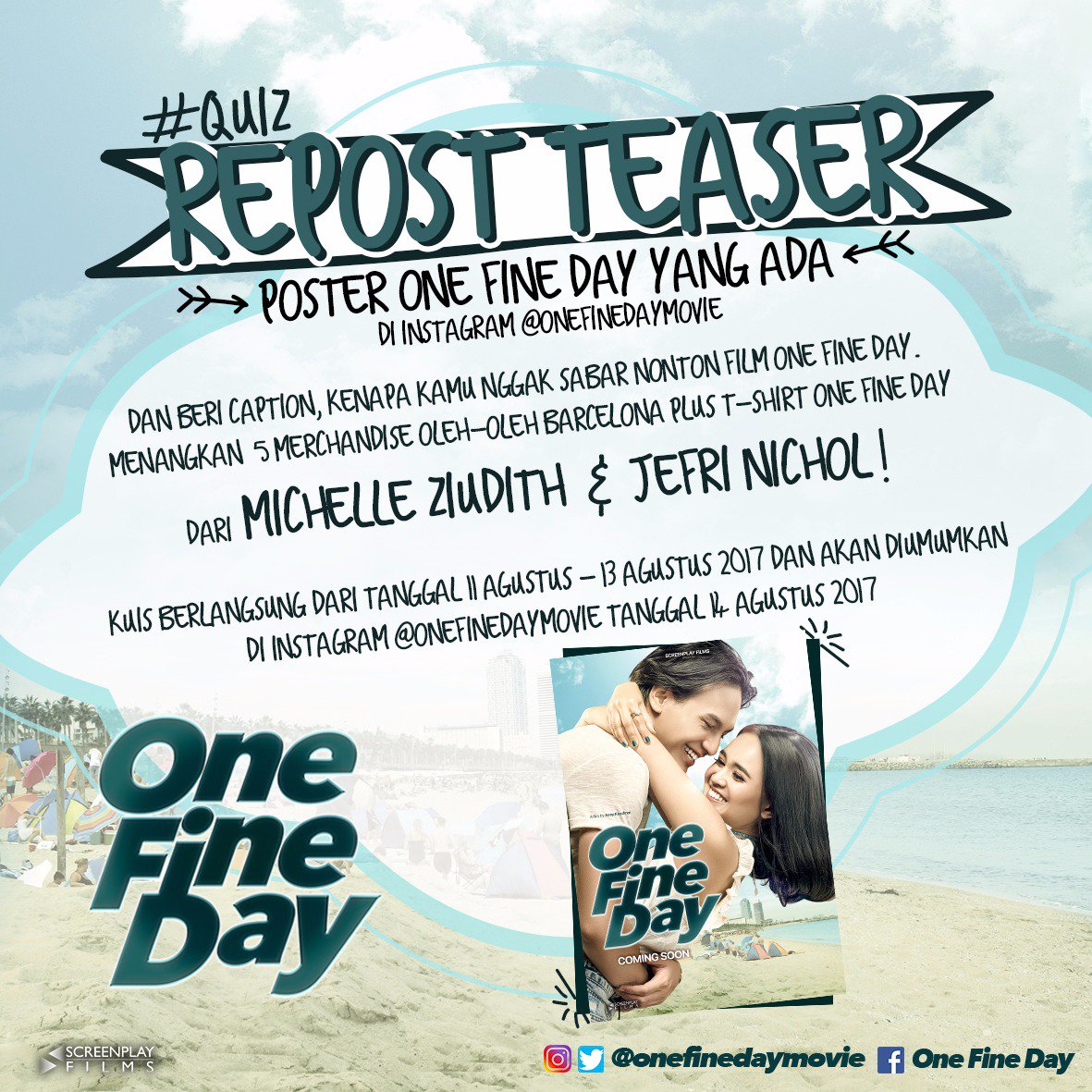 MagicHourID's tweet image. Repost Teaser Poster @OneFineDaymovie yg ada di Instagram dan menangkan Merchandise Barcelona dari @michelleziu &amp;amp; @jefrinichol