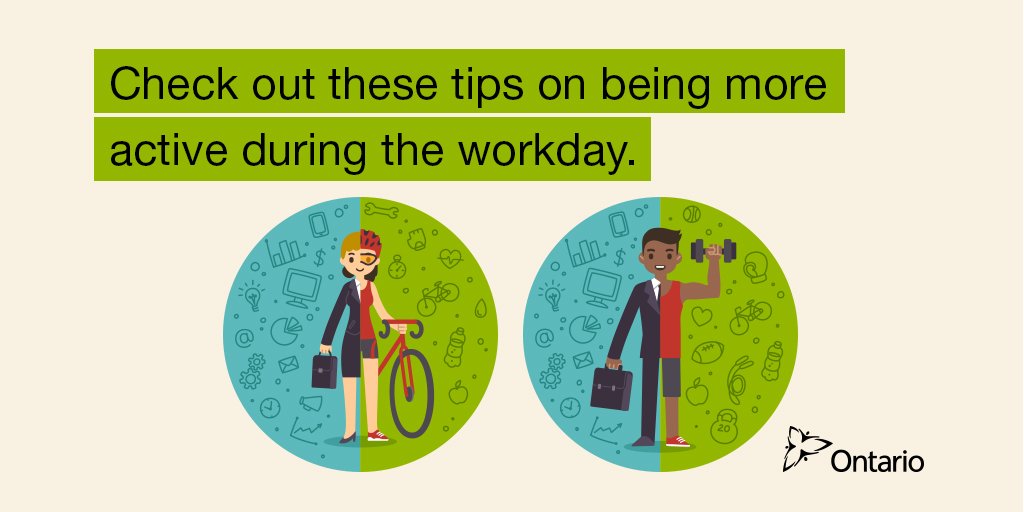 Vector images: One is of a woman, half of her is in buisness attaire, the other half is riding a bike. The other is a man, half is waring a suit, the other half is lifting weights. Text copy "Check out these tips on being more active during the workday"
