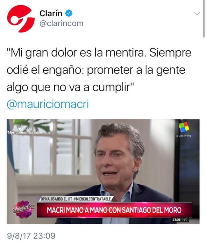 RamVillaverde's tweet photo. -No voy a sacar el fútbol
-No vamos a devaluar
-Vamos a bajar la inflación
-Pobreza cero
-Sacar ganancias
-82% móvil
#MacriEnIntratables https://t.co/0KVIljDkmK