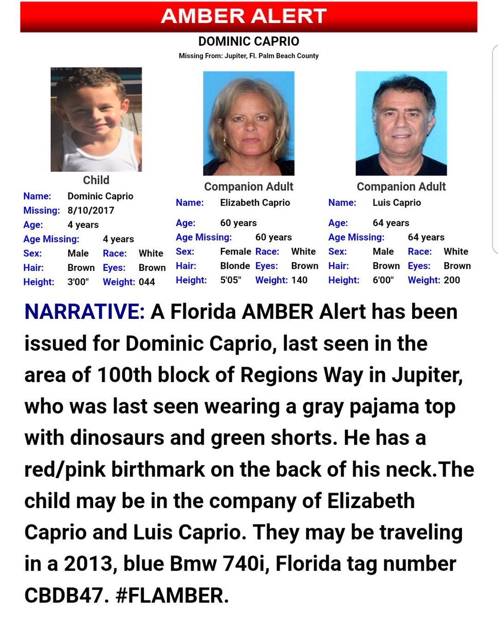 PBCountySheriff's tweet image. #AMBERALERT Please look out for Dominic Caprio. Last seen in Jupiter wearing grey PJ top with dinosaurs &amp;amp; green shorts. RT to help find him