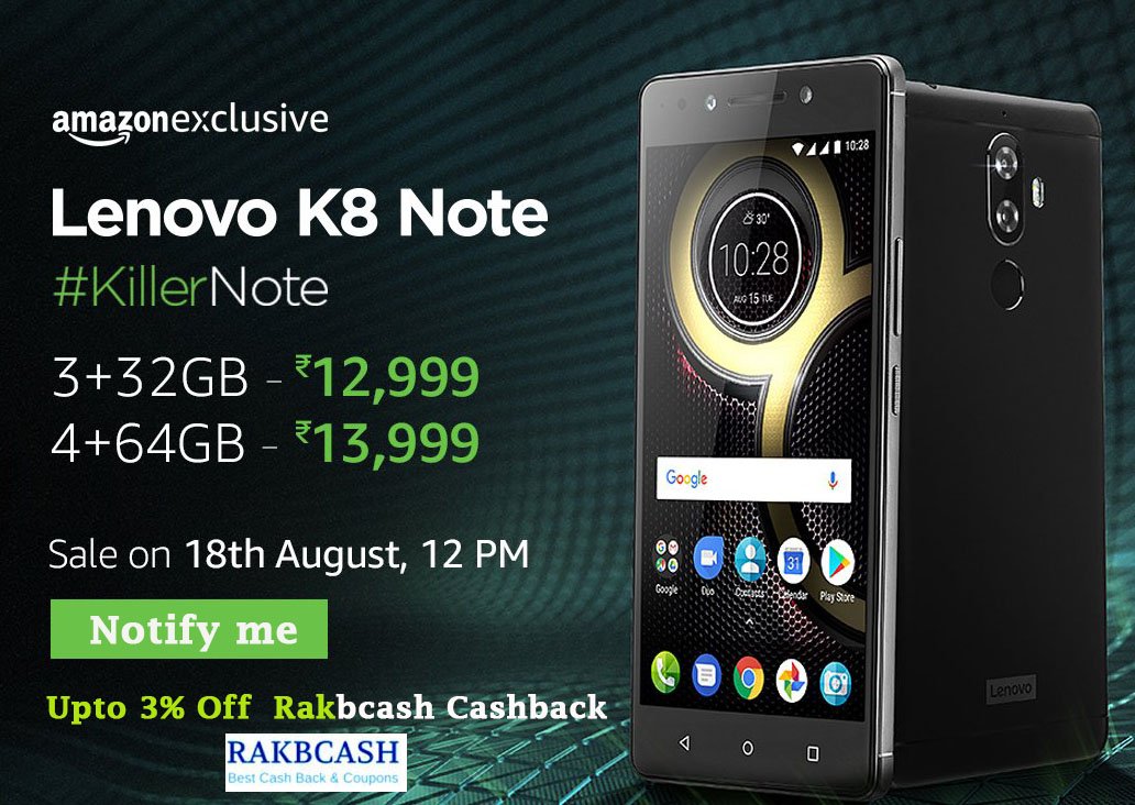 Rakbcash1's tweet photo. The most powerful #KillerNote ever! Check out the brand new Lenovo K8 Note available at an attractive price, exclusively on Amazon India. https://t.co/tujmTR3Tkz