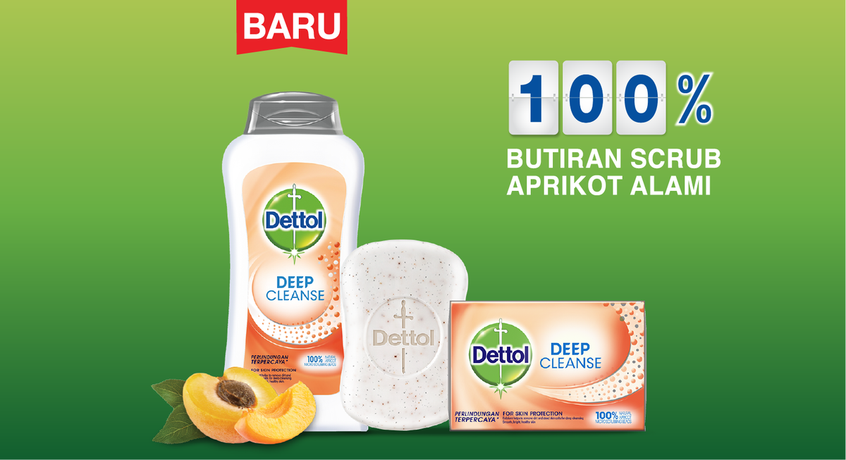 Lindungi kulit dari kuman &amp; polusi dengan Dettol Deep Cleanse! Kandungan 100% butiran scrub aprikot alami menjaga kebersihan kulit keluarga.