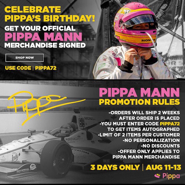 PippaMann's tweet image. For my birthday this year, I've teamed up with @IndyCar to sign Merch for my fans! ☺️👇🏻
shop.ims.com/indycar/driver… 
#IndyCar #AmazingFans