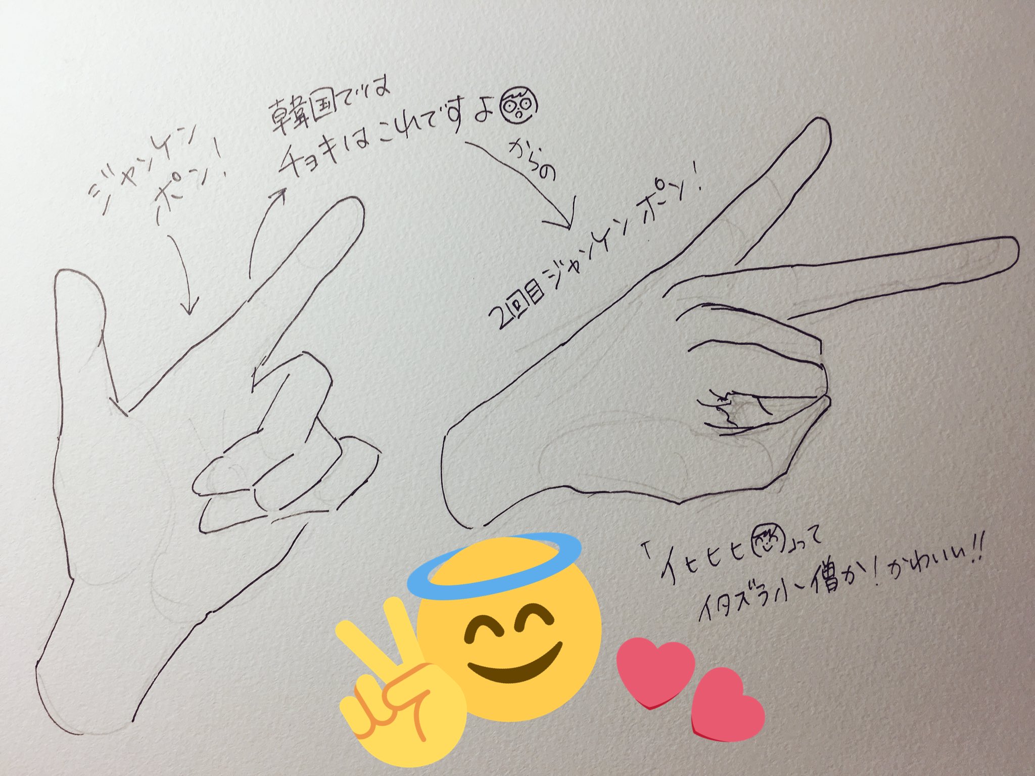 さかな そういえばゲームコーナーで選ばれし挑戦者の方とジャンケンしたんだけど 最初てそんくんが出したチョキが画像左側で相手の方が思わず なにそれー 韓国ではこれがチョキです その後仕切り直しでジャンケンして出したチョキが右側の