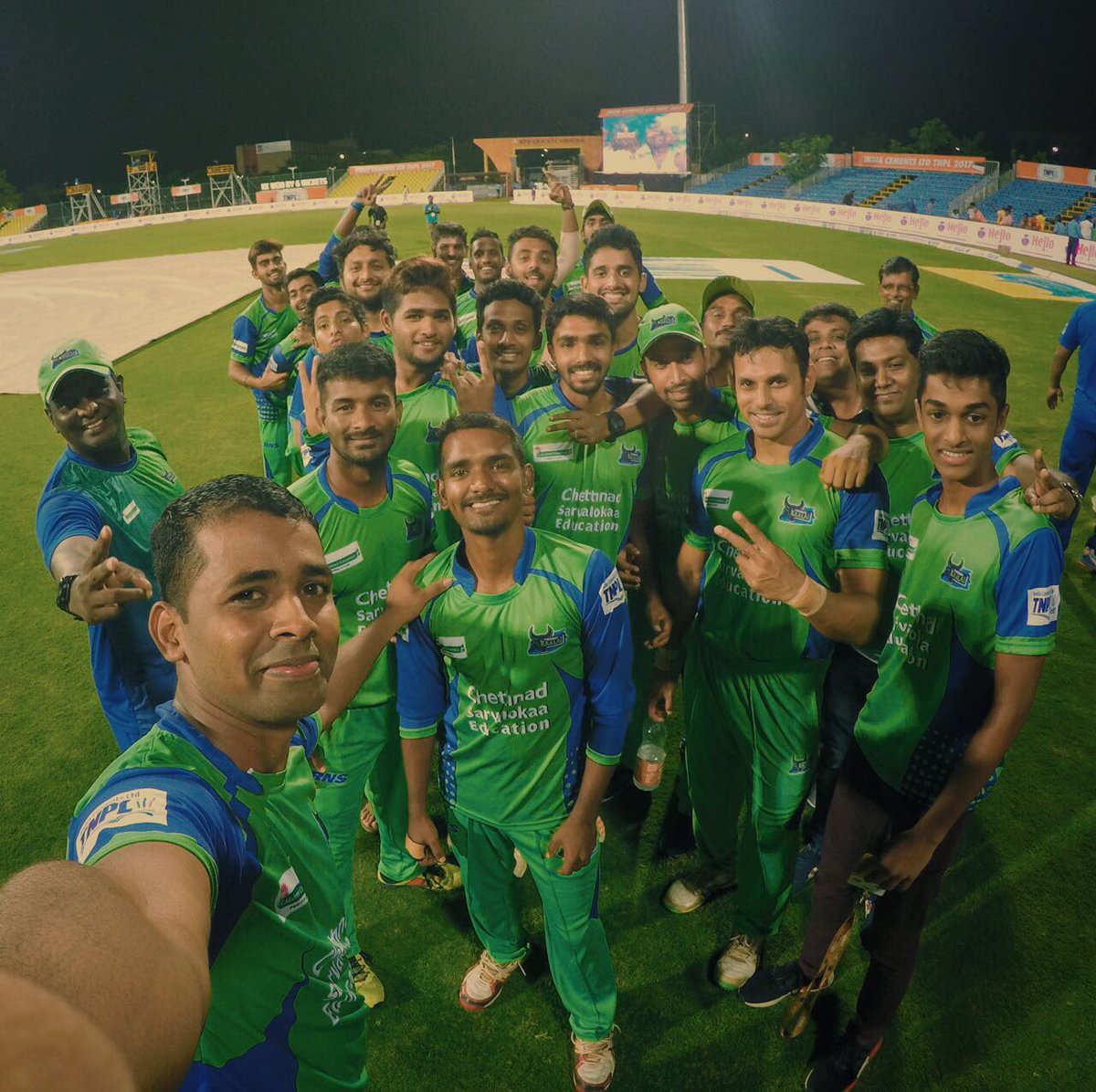 TNPremierLeague's tweet photo. Winning team selfie, @TeamKaraikudi after a successful chase which confirmed their spot in the playoffs #KKvRTW #DoubleTheGethu #TNPL https://t.co/5MBKjIyE3S