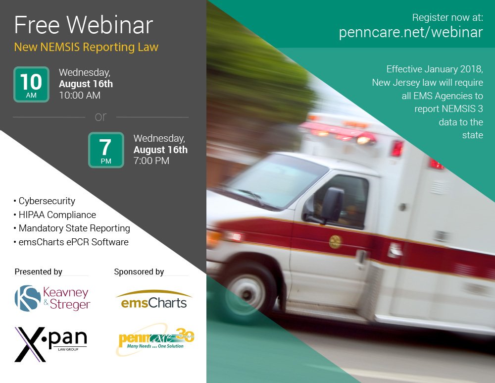 Webinar on NJ EMS Data Reporting law w @XpanLaw <a href="/emsCharts/">emsCharts, Inc.</a> <a href="/Penn_Care/">Penn Care, Inc.</a> Wed Aug 16either 10a or 7p register bit.ly/2vVqcEt.