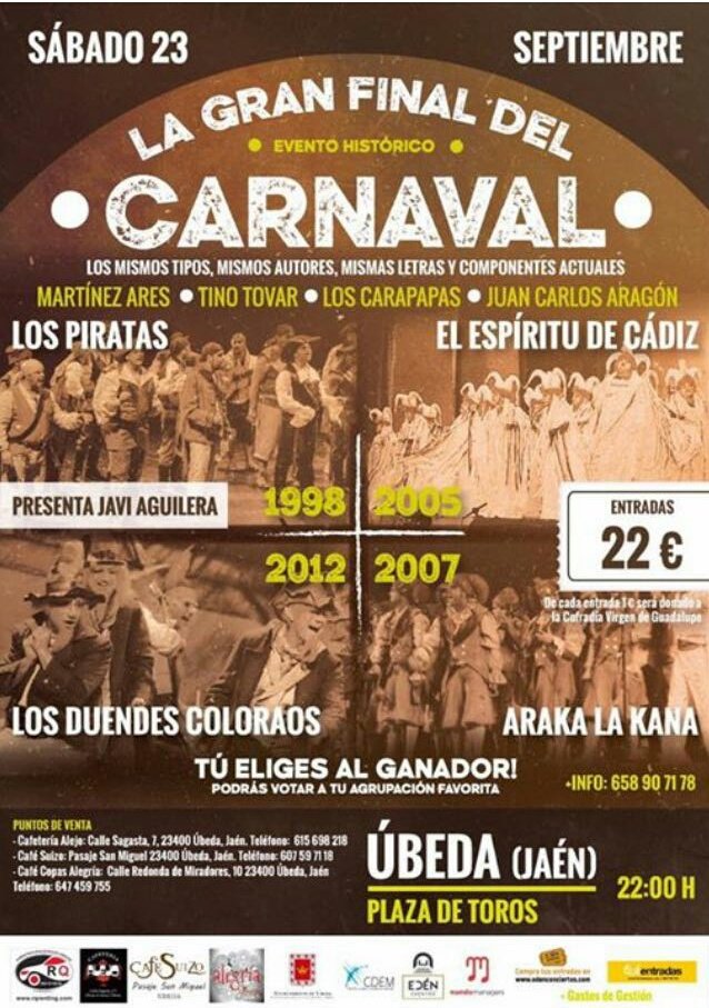 Quien se apunta? Estoy suena a una buena quedada jartible no? 👏🎭🔝
<a href="/comparsajc/">La Comparsa de Juan Carlos Aragón</a> <a href="/ComparsaAres/">La Comparsa de Antonio Martínez Ares</a> <a href="/comparsatino/">La Comparsa de Tino Tovar</a> @loscarapapas #LaGranFinal