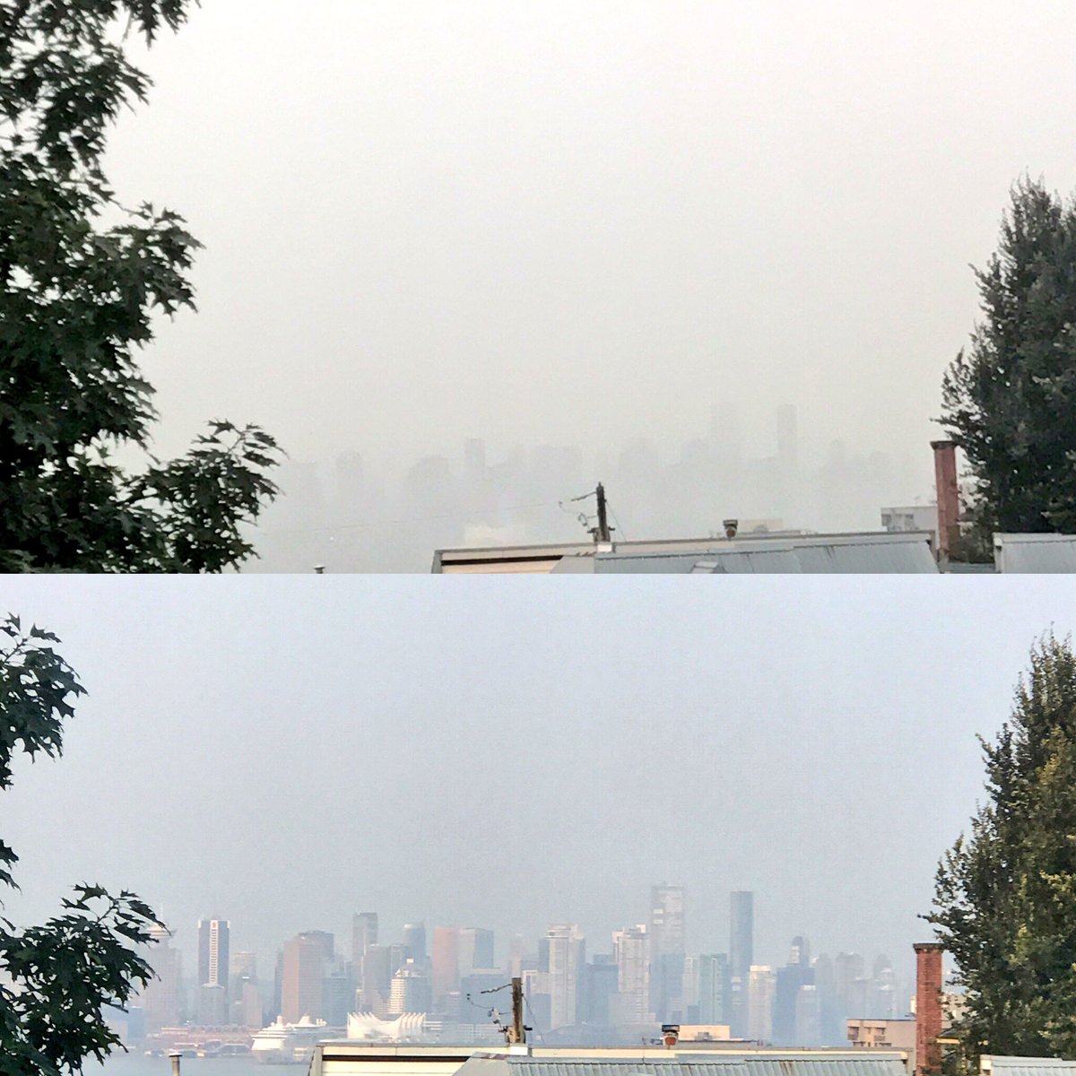 The smoke in #Vancouver is clearing! Last Friday vs today... #bcwildfires