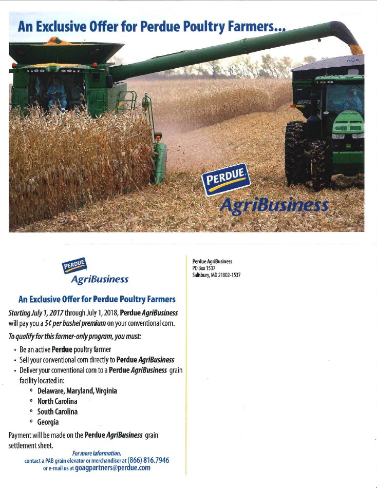 Are you a Perdue farmer who grows both poultry and grain for us?  You may be eligible for a 5 cent premium on your corn contracts!