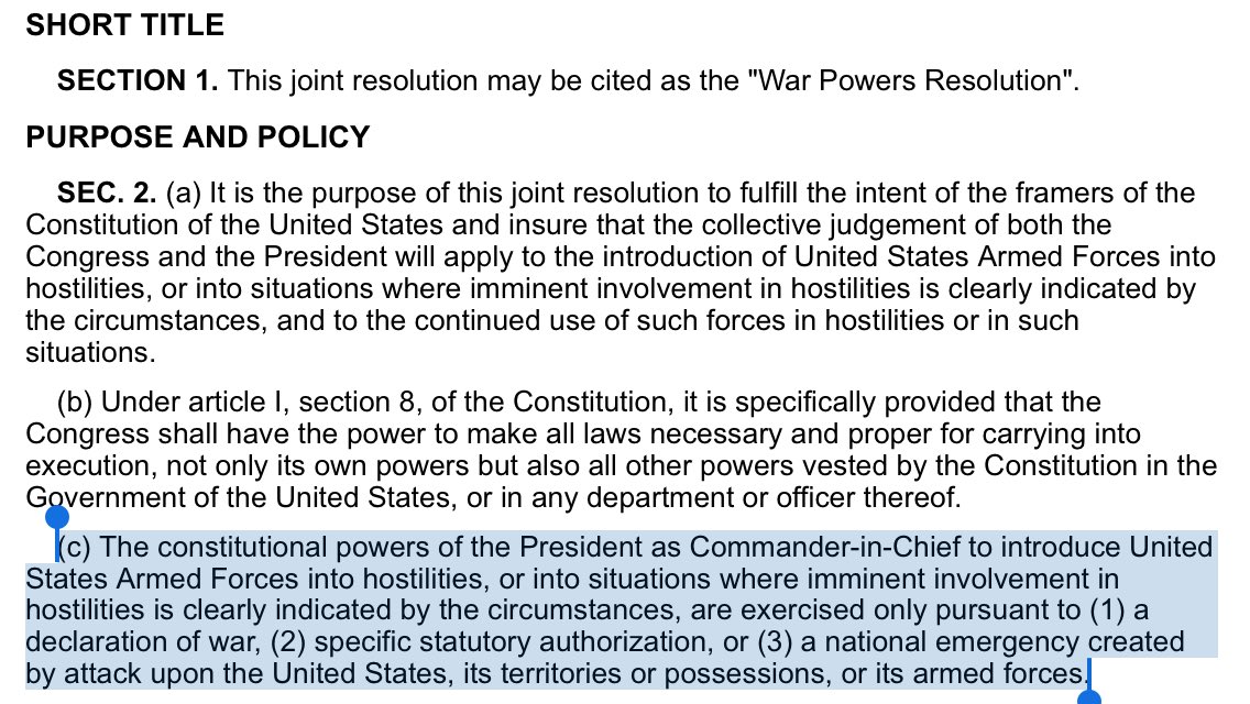 justinamash's tweet image. War Powers Res does not allow president to take *offensive* military action without congressional approval. People routinely ignore §2(c).